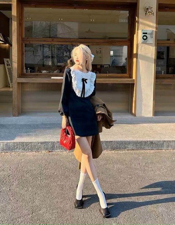 Đầm váy babydoll tay dài phối cổ công chúa dáng xoè phong cách vintage i d2049 t4
