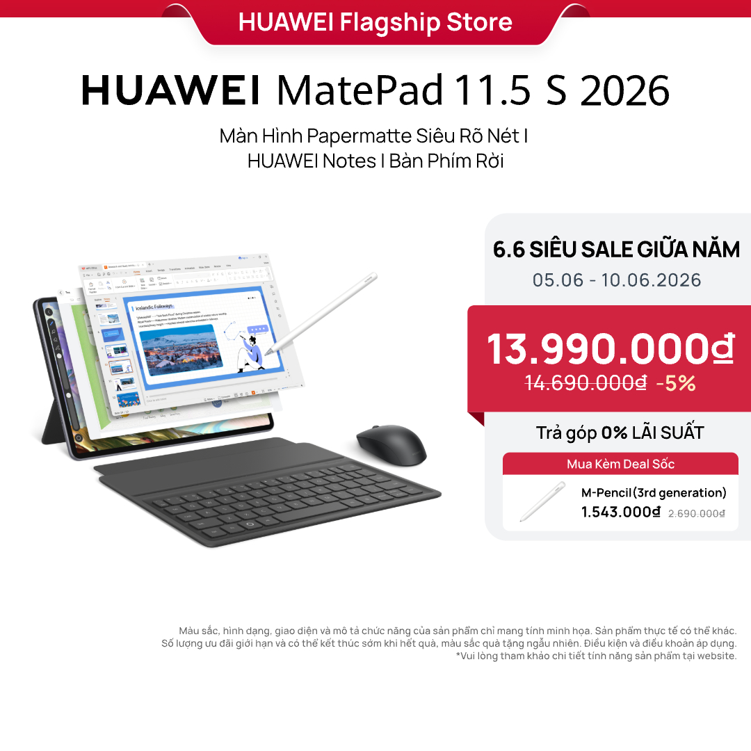 Máy tính bảng HUAWEI MatePad 11.5 S 2026 | Màn Hình Papermatte Siêu Rõ Nét | HUAWEI Notes | Bàn Phím Rời