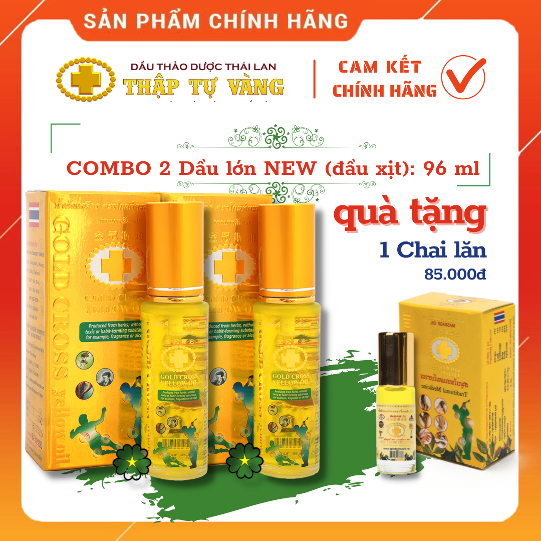 Combo 2 Dầu THẬP TỰ VÀNG Thái Lan: loại Lớn (đầu xịt) tặng 1 chai dầu lăn 85.000đ *** ĐAU NHỨC - KHÁNG VIÊM - TAN BẦM TÍM *** [ CHÍNH HÃNG GOLD CROSS YELLOW OIL THAILAND]