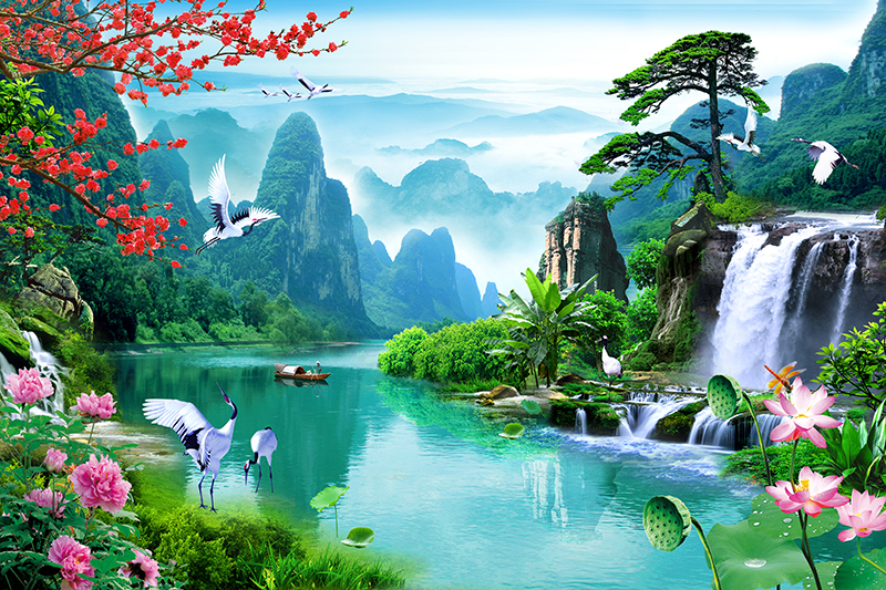 Tranh 3D dán tường sơn thủy phòng khách nhiều mẫu