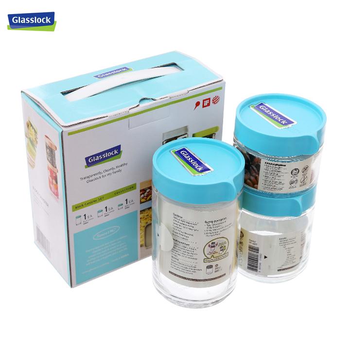 Bộ 03 hũ thủy tinh cao cấp Glasslock 250 + 400 + 600ml, hình tròn, kín hơi, tiện dụng, có thể xếp chồng, made in Korea