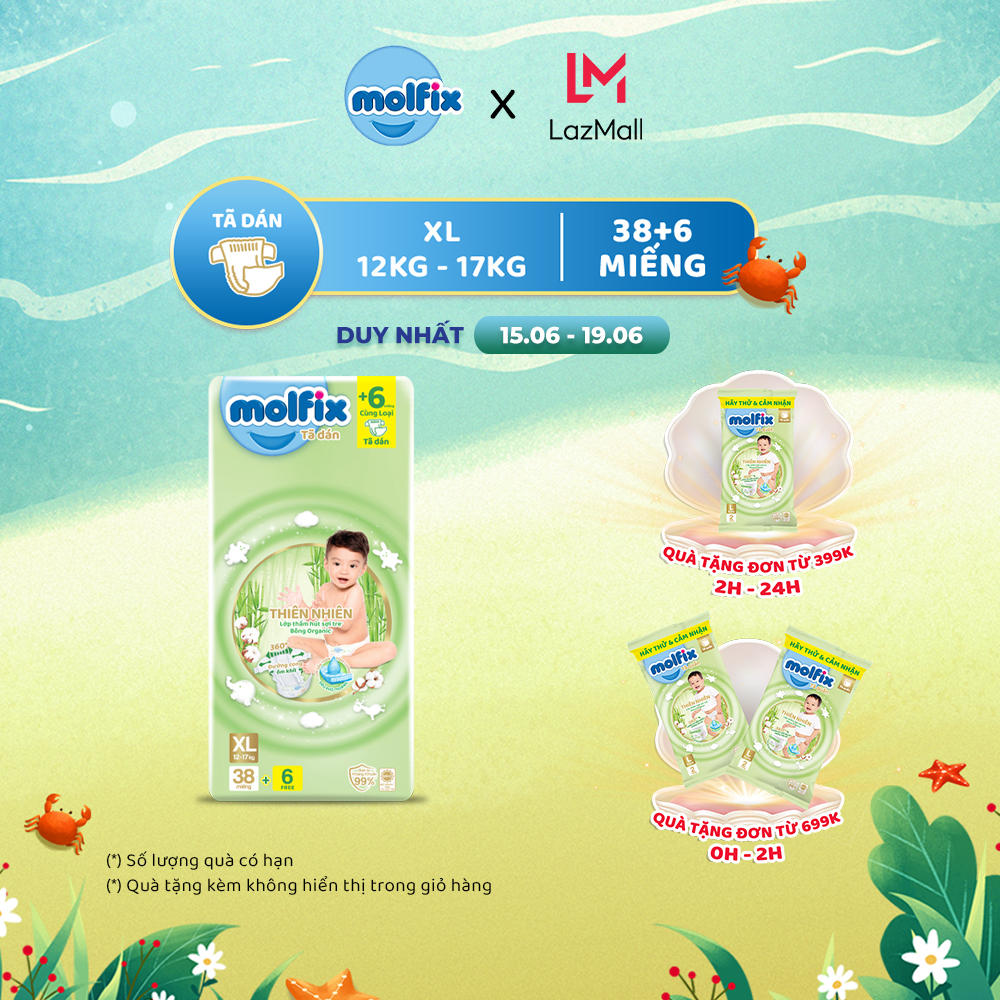 Tã/bỉm dán molfix thiên nhiên jumbo xl - gói 38+6 miếng