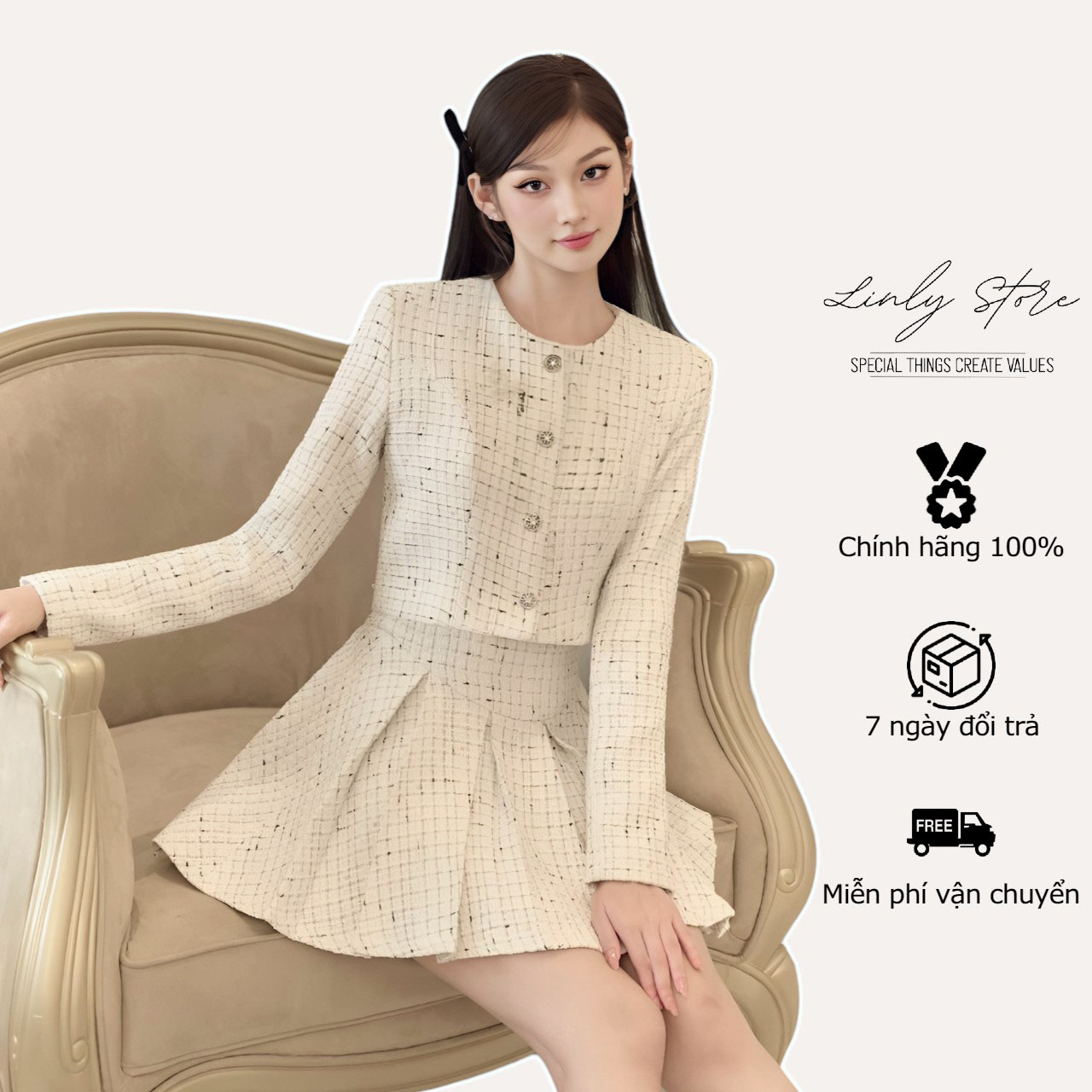 Set áo vest nữ dài tay chất dạ Tweed phối cúc xinh xắn chân váy xếp ly Linly Store