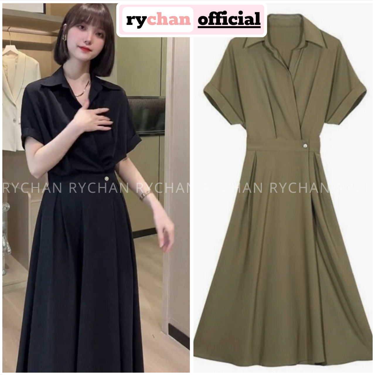 Đầm sơ mi nữ tay ngắn đắp ngực đính nút eo thanh lịch, đầm váy công sở form dài xòe chít eo màu đen rêu - dx287