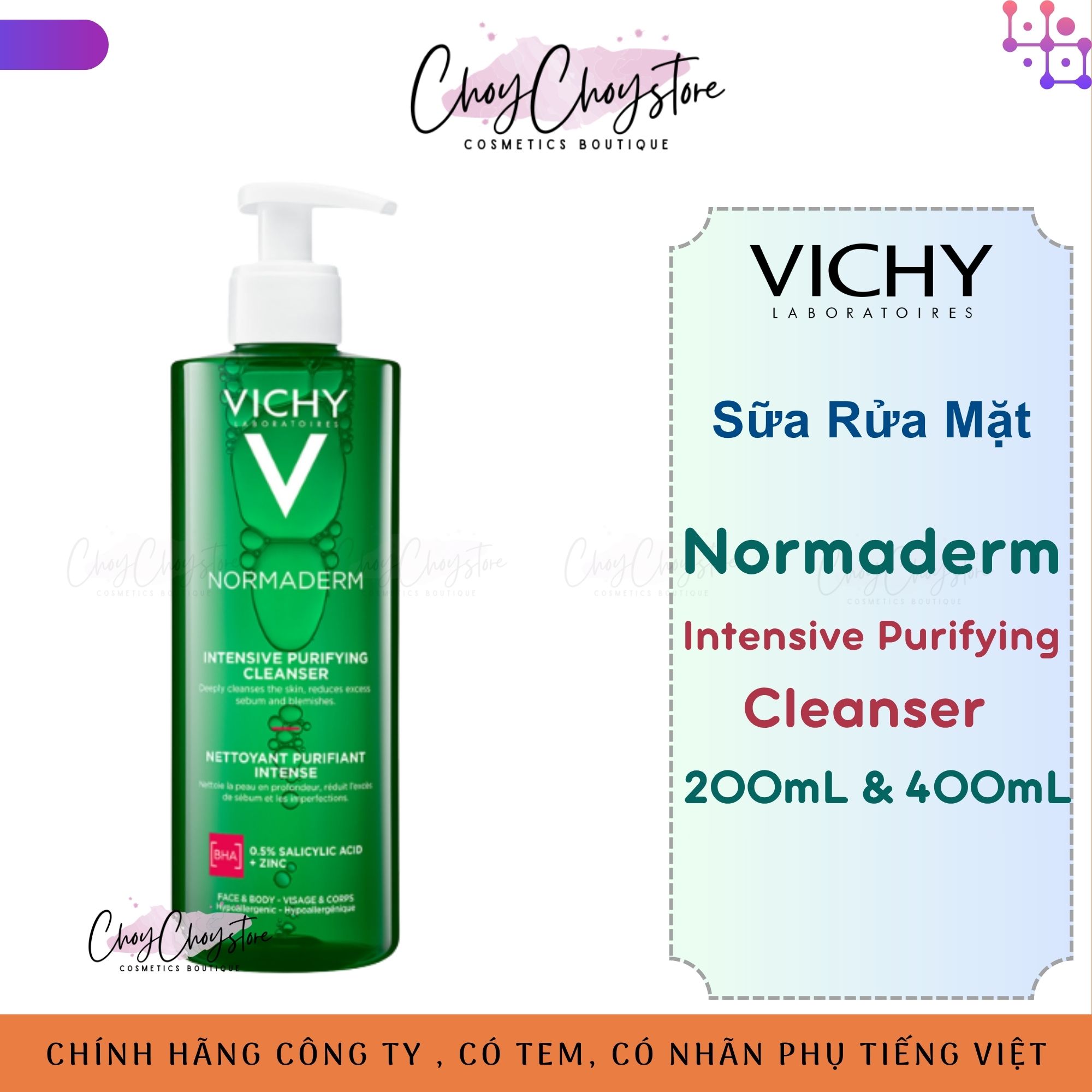 Sữa Rửa Mặt Vichy Normaderm Intensive Purifying Gel 200mL & 400mL cho da dầu mụn
