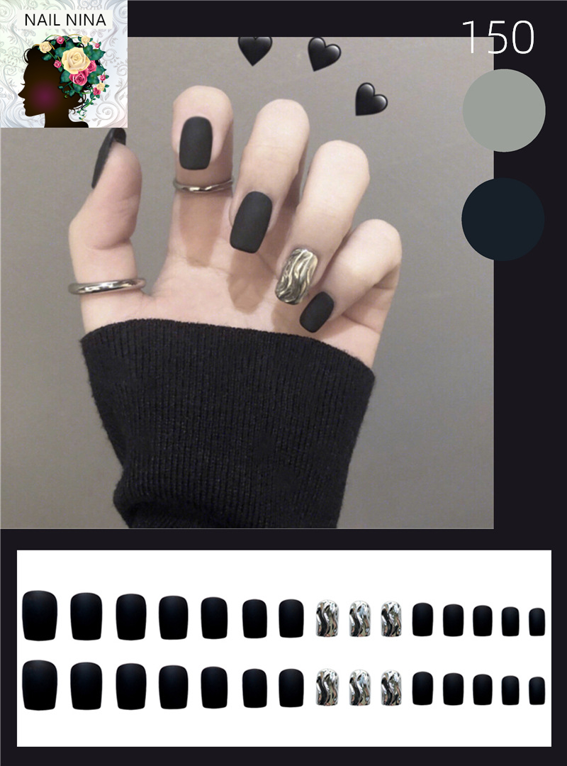 Bộ 24 móng tay giả Nail Nina trang trí nghệ thuật hoạ tiết đen bóng mã 150 【Tặng kèm dụng cụ lắp】