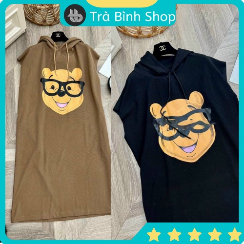 Váy sát nách dáng dài có mũ, đầm dáng rộng túi 2 bên hình gấu, váy len pooh sát nách vlp219 trabinhshop