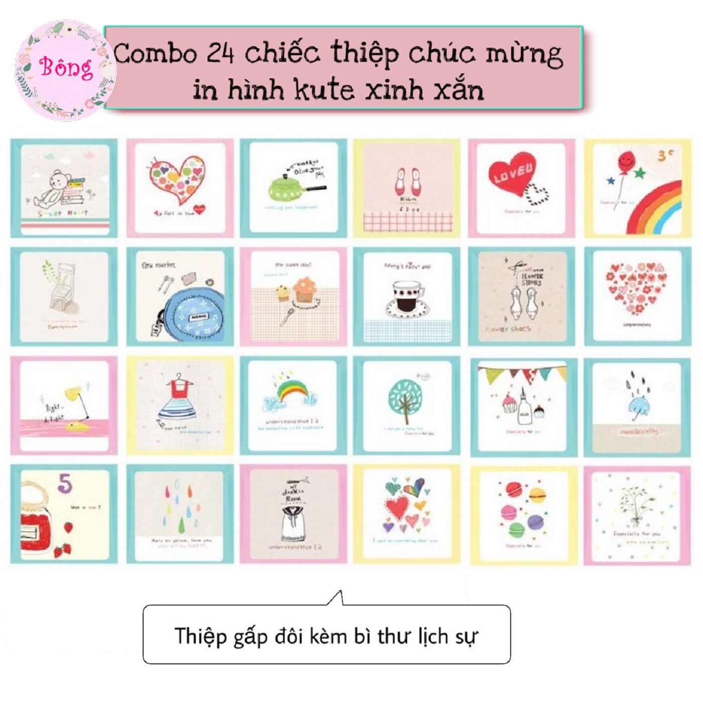 Combo 24 chiếc thiệp chúc mừng in hình kute xinh xắn