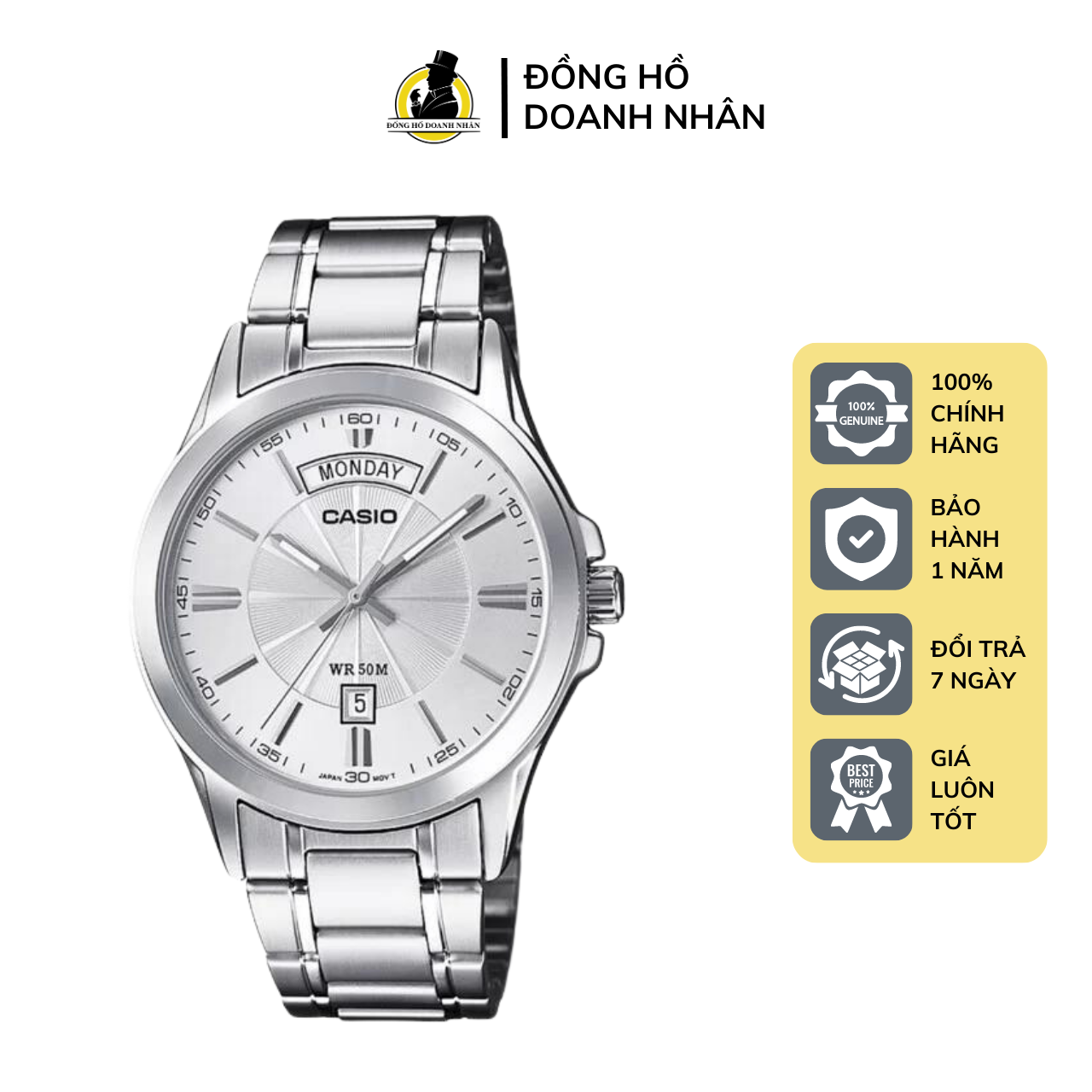 Đồng hồ nam casio mtp-1381d-7a dây thép mặt trắng kính khoáng size 39mm chống nước bảo hành 1 năm tại đồng hồ doanh nhân