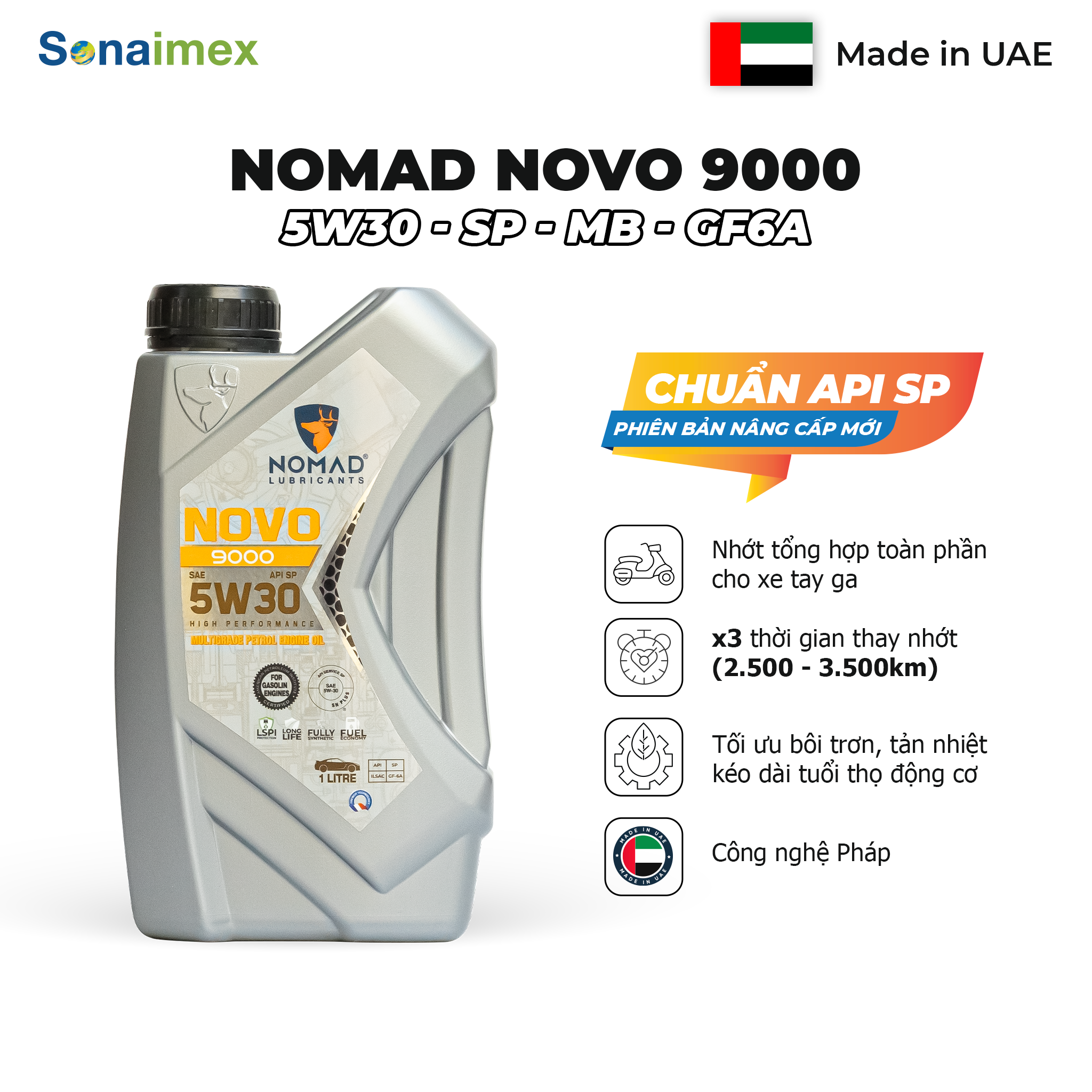 Nhớt Xe Tay Ga Cao Cấp, Dầu Nhớt Xe Tay Ga Tổng Hợp Tốt Nhất NOMAD 5W30 SP Fully Synthetic 1 Lít Nhập Khẩu Dubai (Đi 2.500-3.000km Êm, Mát) - Dầu Xe Máy Tay Ga Honda, Yamaha, Vespa, Suzuki, Piagio