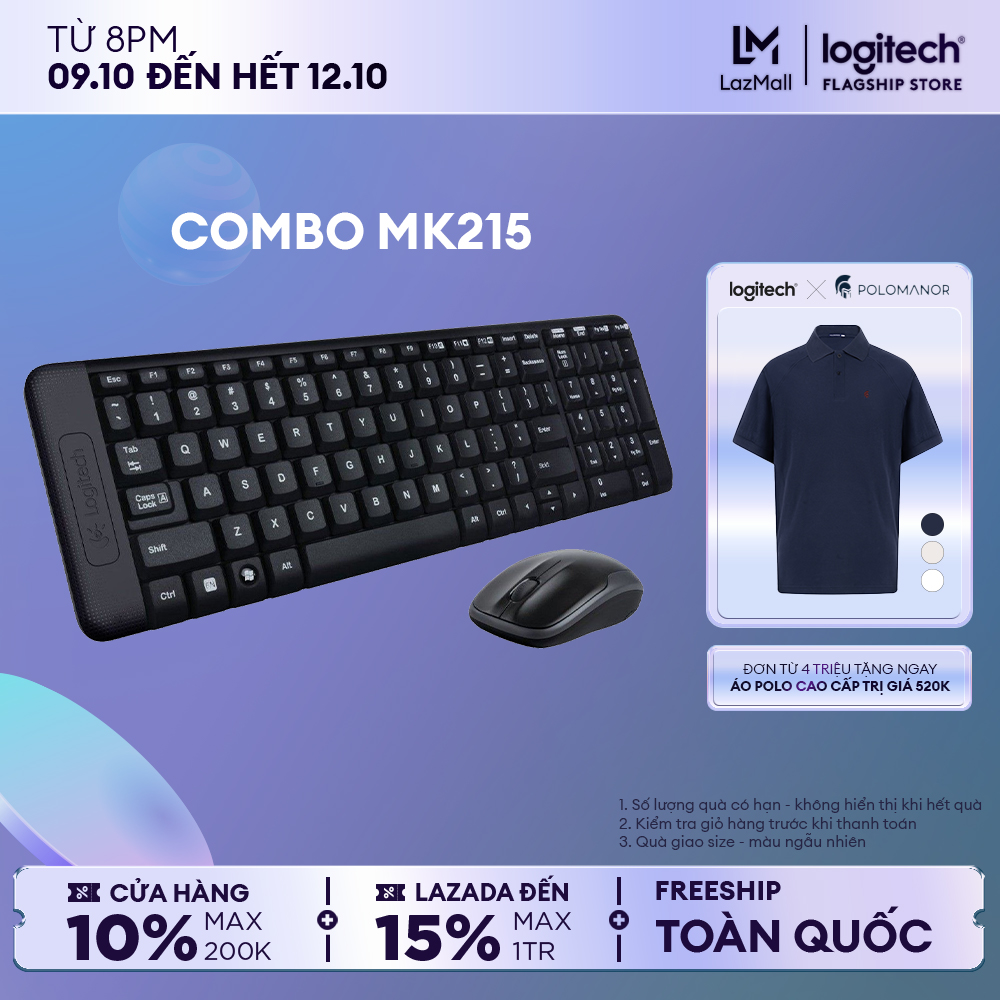 Combo chuột phím không dây Logitech MK215 - nhỏ gọn với đủ phím số, 1 đầu thu USB, không dây 10m, pin 2 năm
