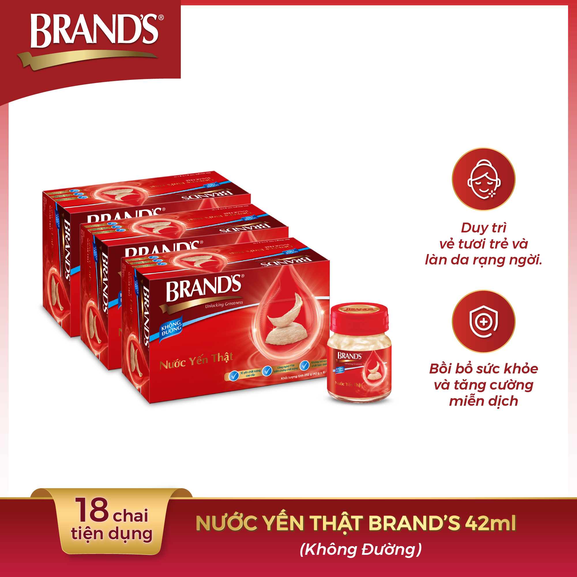 Combo 3 Hộp 6 Chai Nước Yến Thật BRAND'S Không Đường (42g/Chai)