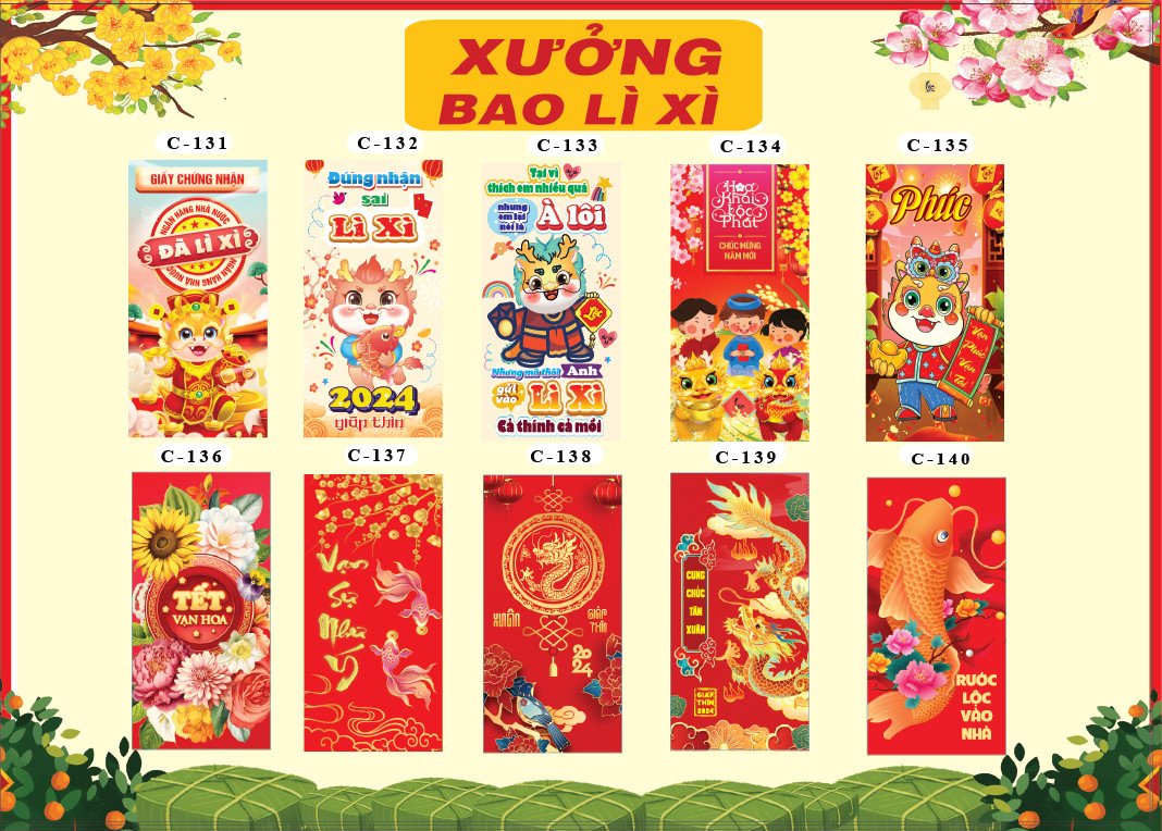 Combo 500 bao lì xì đủ hình 2024 - giấy c150 bóng, bao lì xì tết