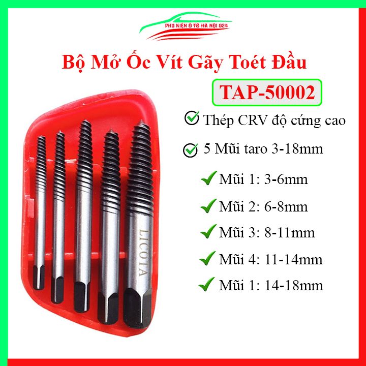 Bộ mở ốc vít gãy, toét đầu Licota 5 mũi taro 3-18mm TAP-50002