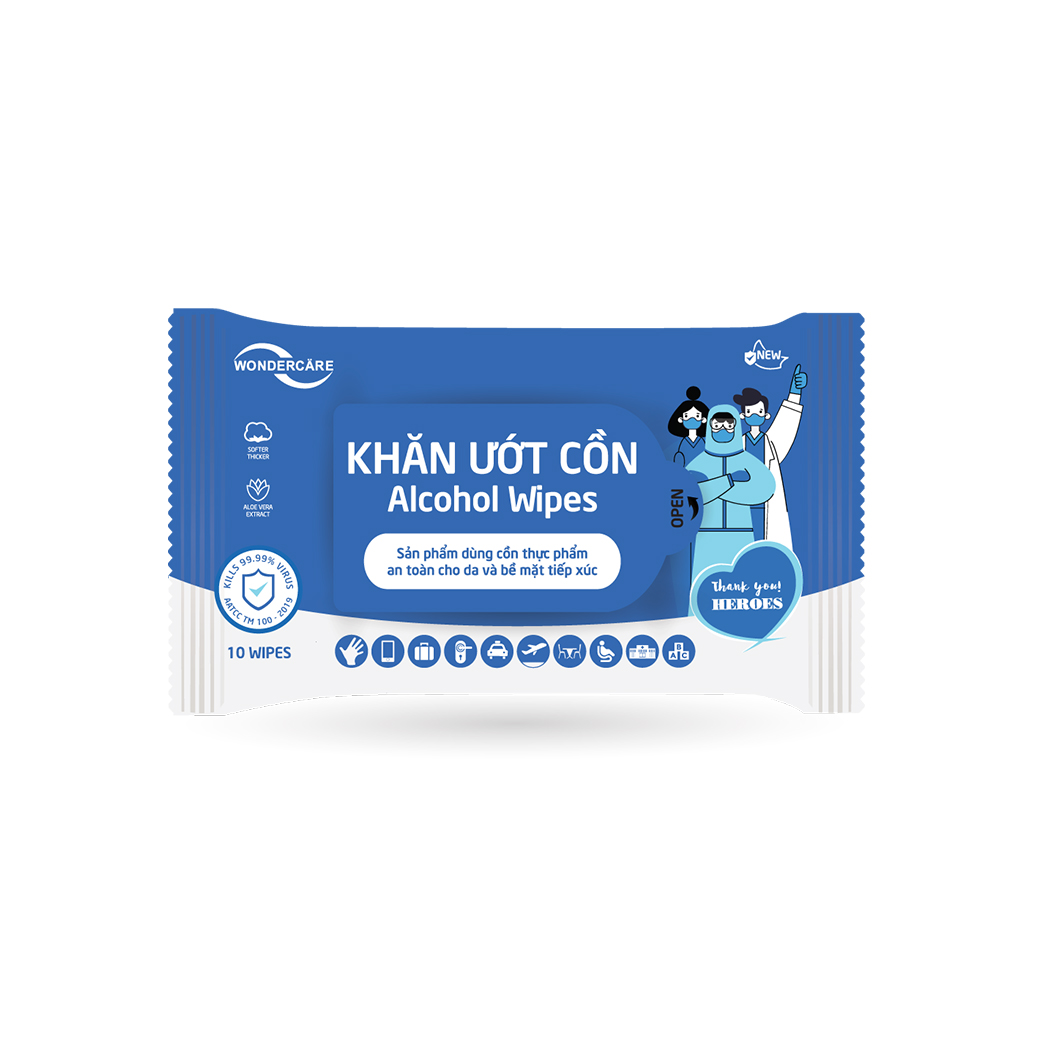 Khăn ướt wondercare cồn 10 tờ - kháng khuẩn 99,9%