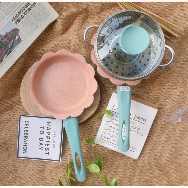 Bộ chảo nồi xửng hấp nấu đồ ăn dặm cho bé dụng cụ nấu đồ ăn dặm chống dính đáng yêu