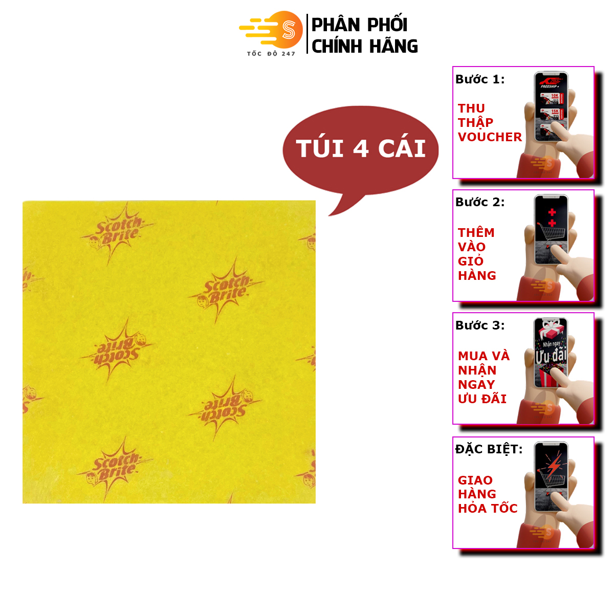 Gói 4 cái khăn lau đa dụng không trầy xước 34x35cm Scotch-Brite 3M - Tốc độ 247 lấy sạch bụi bẩn dầu mỡ không gây trầy xước