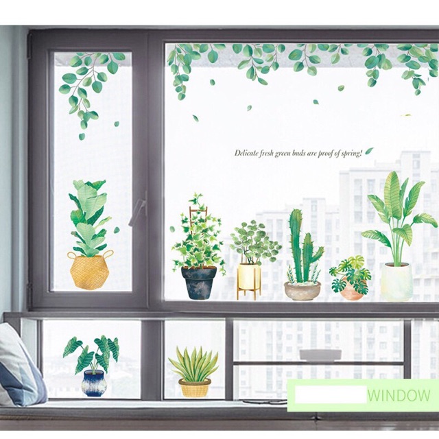 Decal dán tường trang trí phòng sẵn keo- CHẬU Cây TÁN LÁ PHONG CÁCH TROPICAL