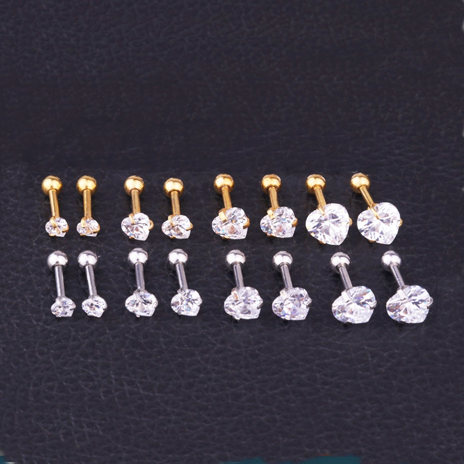 Bông tai titan nữ đính đá mặt trái tim 3 mm 4 mm 5 mm lấp lánh