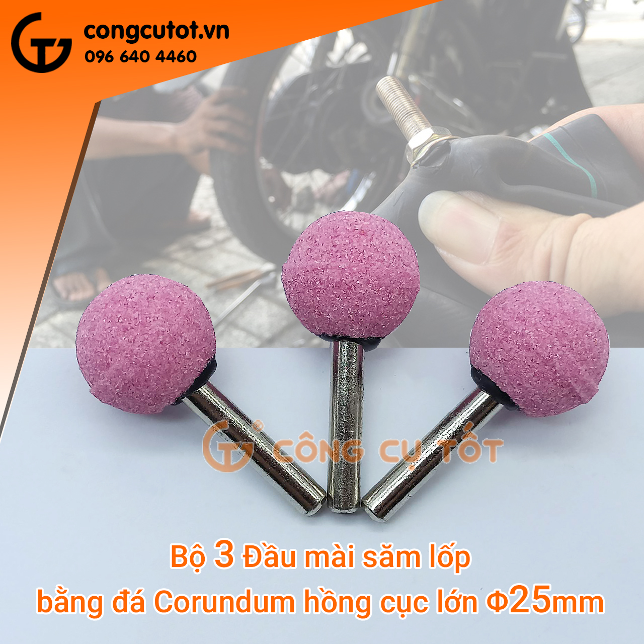 Bộ 3 mũi đá mài lốp đầu bi - đá mài lốp tròn đỏ Φ25mm cốt 6 ly
