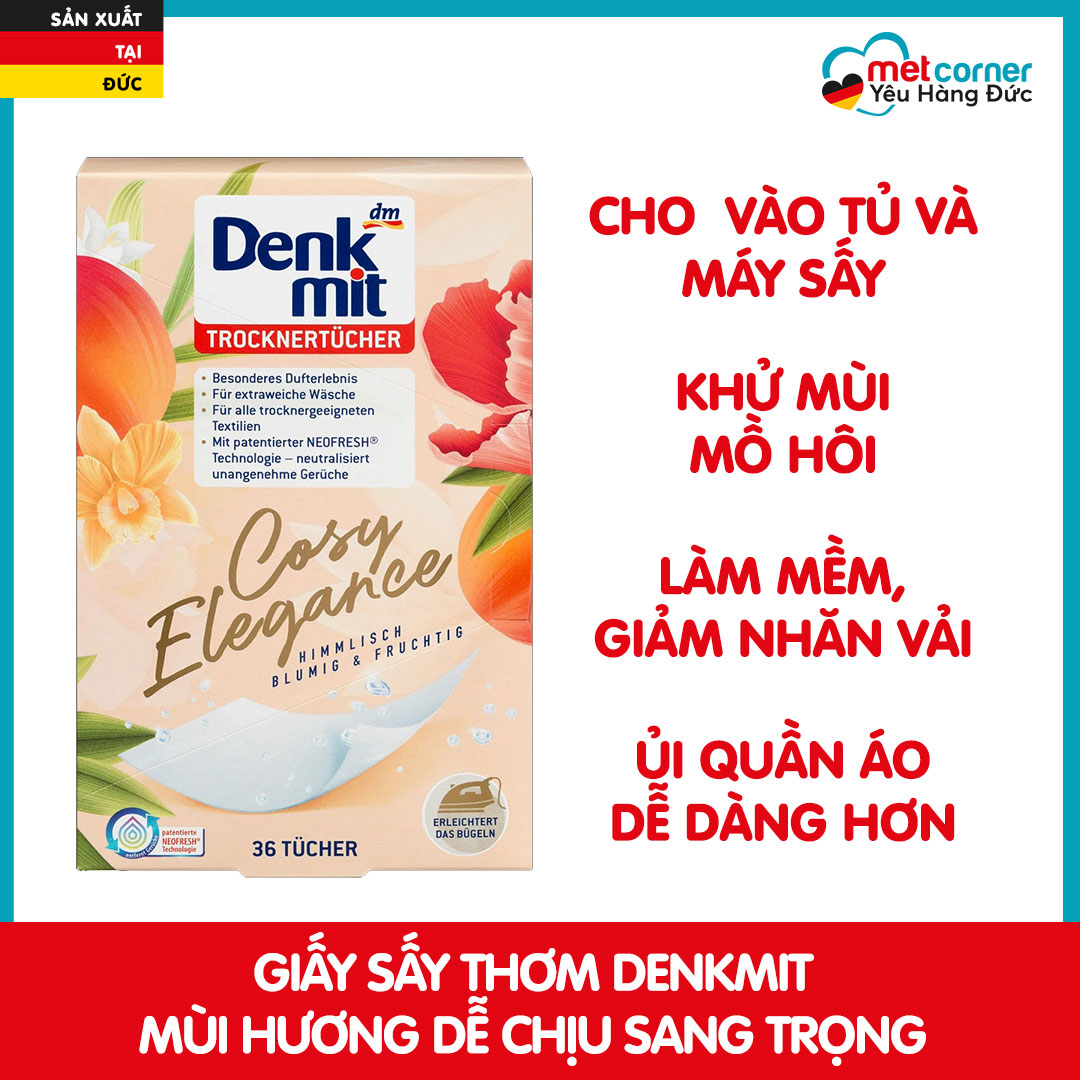Giấy sấy thơm quần áo Denkmit Cosy Elegence - hương thơm tươi mát, ngọt ngào, giấy thơm dùng cho máy sấy chính hãng Đức