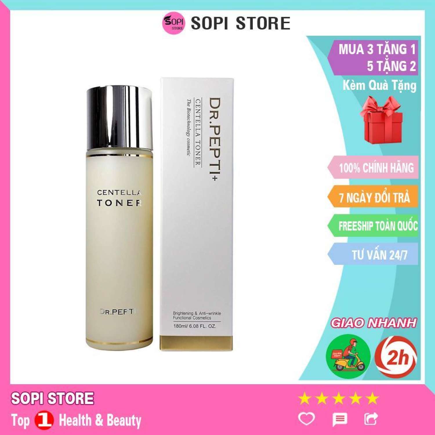 Nước hoa hồng dưỡng da căng bóng dr.pepti centella toner 180ml