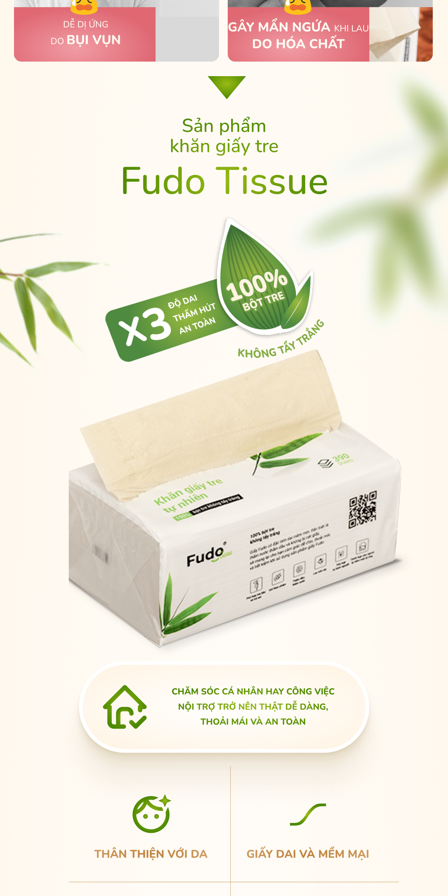 Khăn giấy khô không mùi từ sợi tre siêu dai FUDO TISSUEPack - Dai khi thấm nước và không bụi vụn (Gói lẻ 130 tờ x 3 lớp).