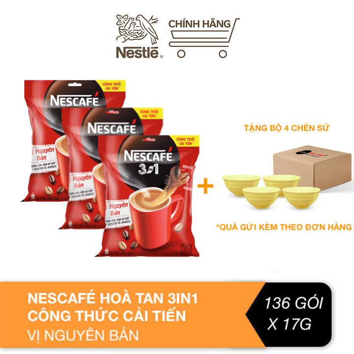 Combo 3 bịch cà phê hòa tan NESCAFÉ 3IN1 VỊ NGUYÊN BẢN công thức cải tiến