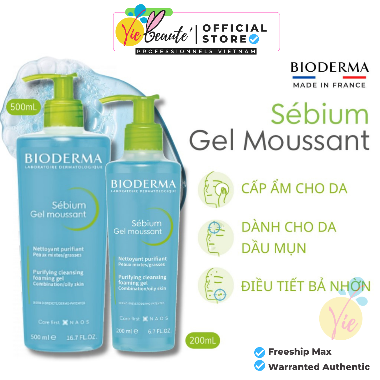 Sữa rửa mặt Bioderma Sebium Gel Moussant - Gel rửa mặt Bioderma dành cho da dầu mụn DẠNG VÒI PUMP