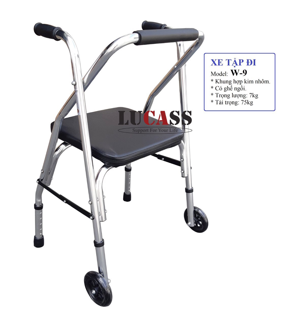Khung tập đi cao cấp Lucass W9 có ghế ngồi bọc da, vật liệu tốt, chắc chắn, không bị rỉ, dành cho người tập đi, Hàng chính hãng