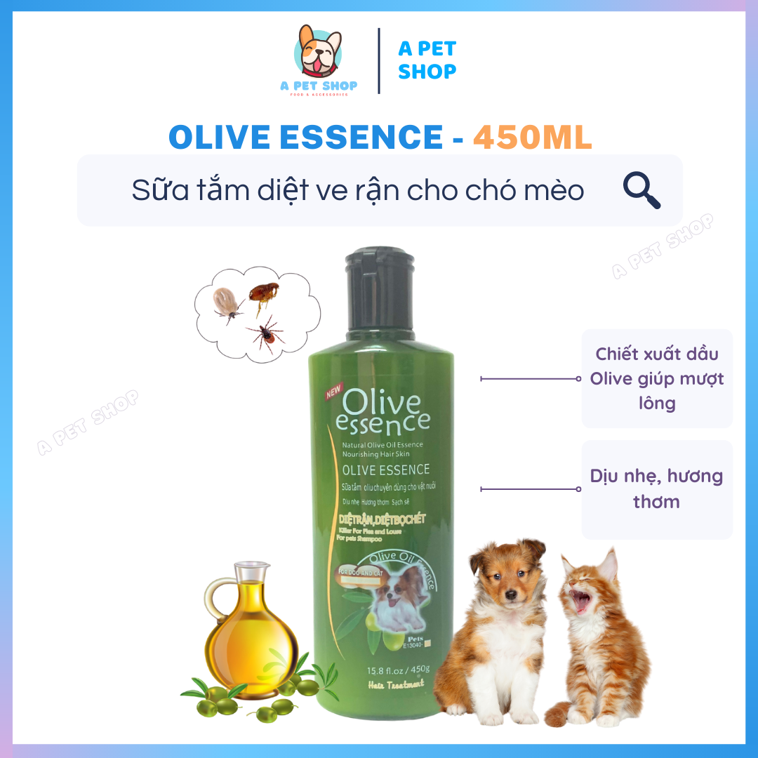 Sữa tắm trị ve rận bọ chét cho chó mèo Olive Essence 450ml - Dầu gội cho chó mèo diệt ve rận, khử mùi, thơm lâu - A Pet Shop
