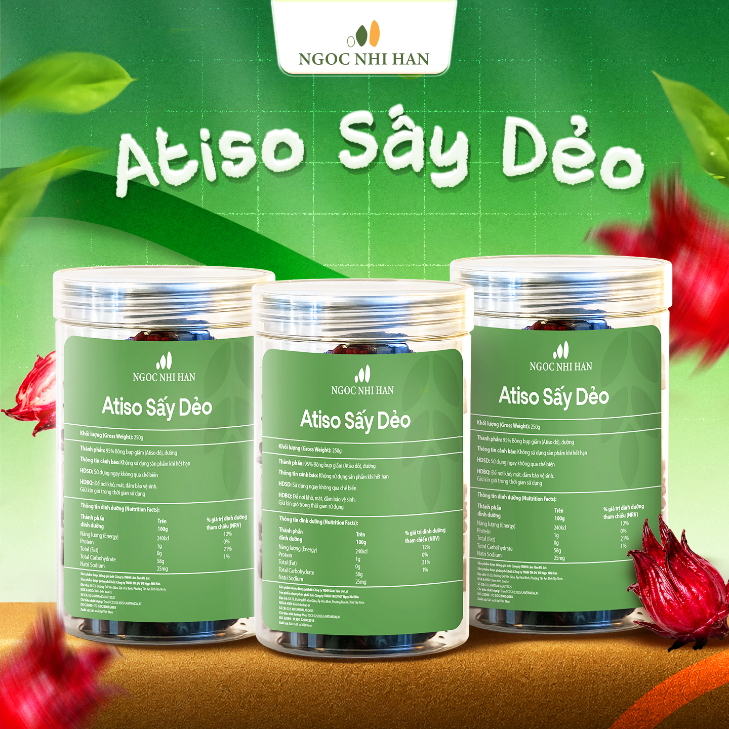 Atiso Sấy Dẻo Ngọc Nhi Hân Hộp 250g - Mứt Atiso Đỏ Chua Ngọt Mềm Dẻo, Ăn Vặt Tiện Lợi