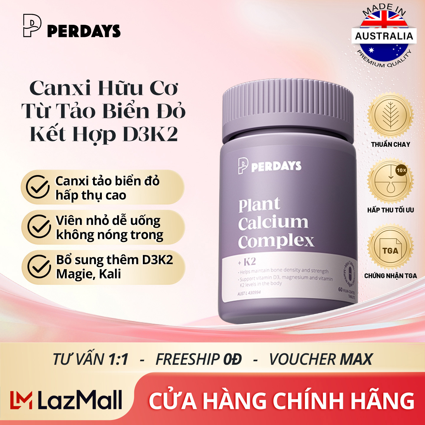 Organic Calcium for Pregnant Mothers - Perdays Plant Calcium Complex + D3K2 - Not Hot, Not Apple - Bottle of 60 Tablets