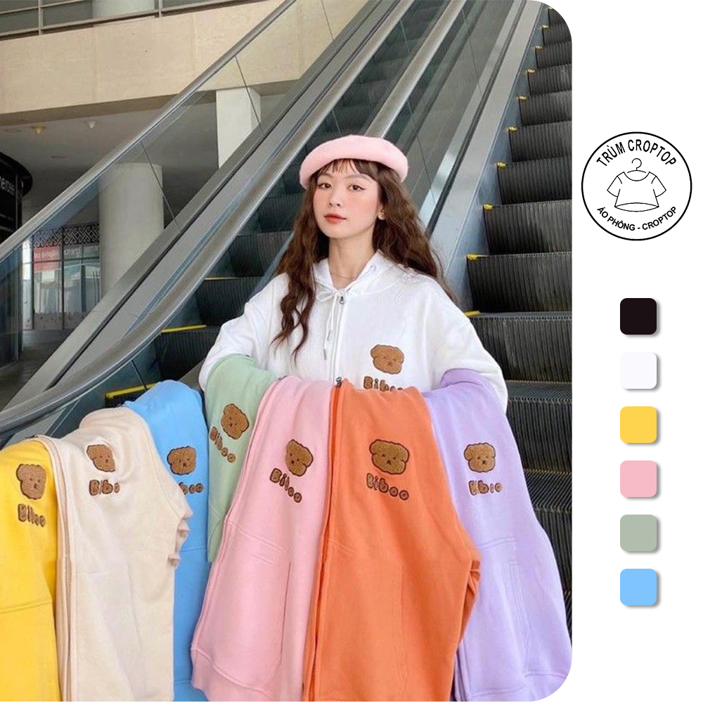 Áo khoác nỉ nữ dài tay liền mũ Trùm Croptop khóa kéo hình gấu Biboo ullzang hàn quốc 38-65kg