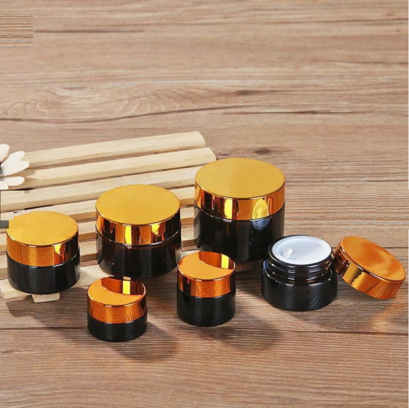 Bộ 10 Hũ thủy tinh 5G 10G 15G 20G 30G 50G 100G thân NÂU nắp VÀNG đựng kem, Hủ thủy tinh chiết mỹ phẩm du lịch