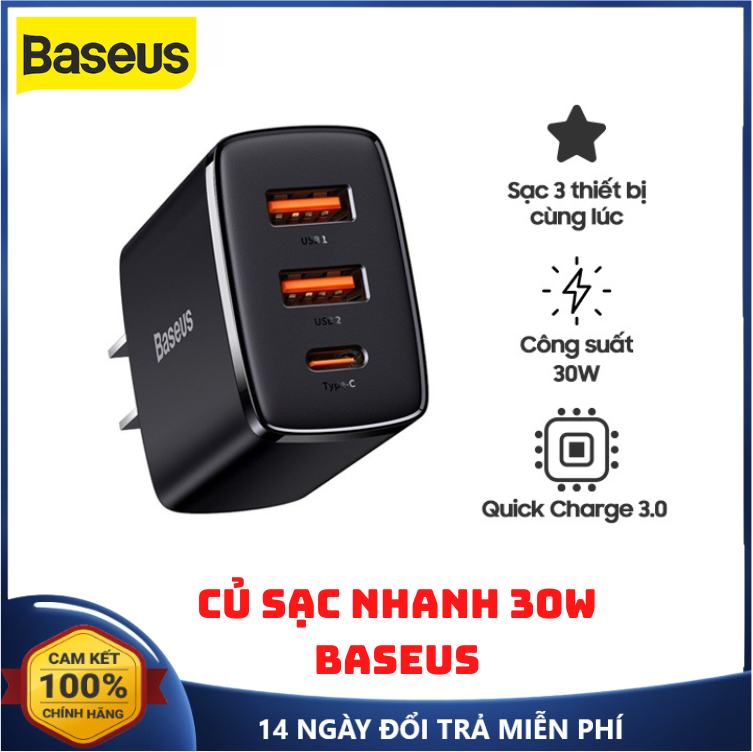 Củ sạc nhanh 30w 3 cổng sạc nhanh baseus hỗ trợ sạc nhanh qc 3.0 nhỏ gọn củ sạc nhanh iphone android
