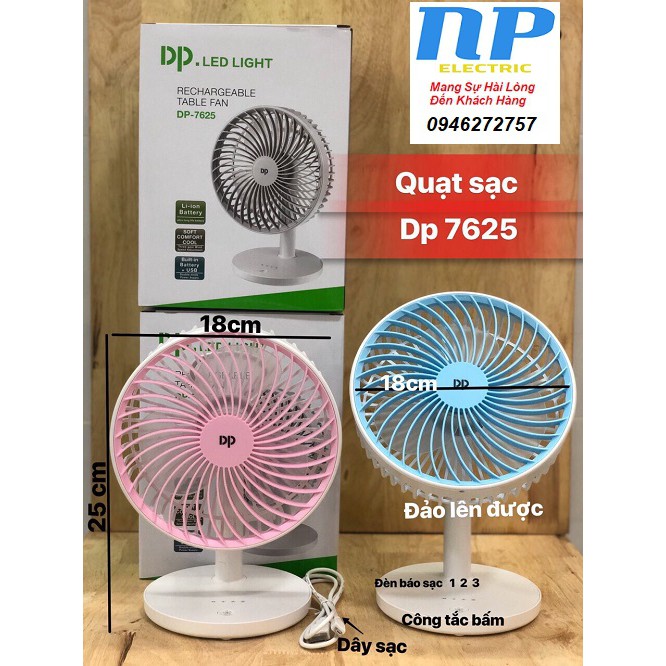 Quạt sạc tích điện dp-7625 cao 25cm cao cấp pin 1500mah