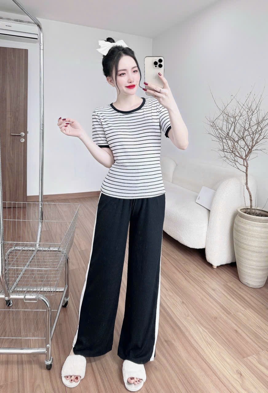 Set thun gân quần ống rộng - áo phối sọc đơn giản xinh xắn - sản phẩm y hình