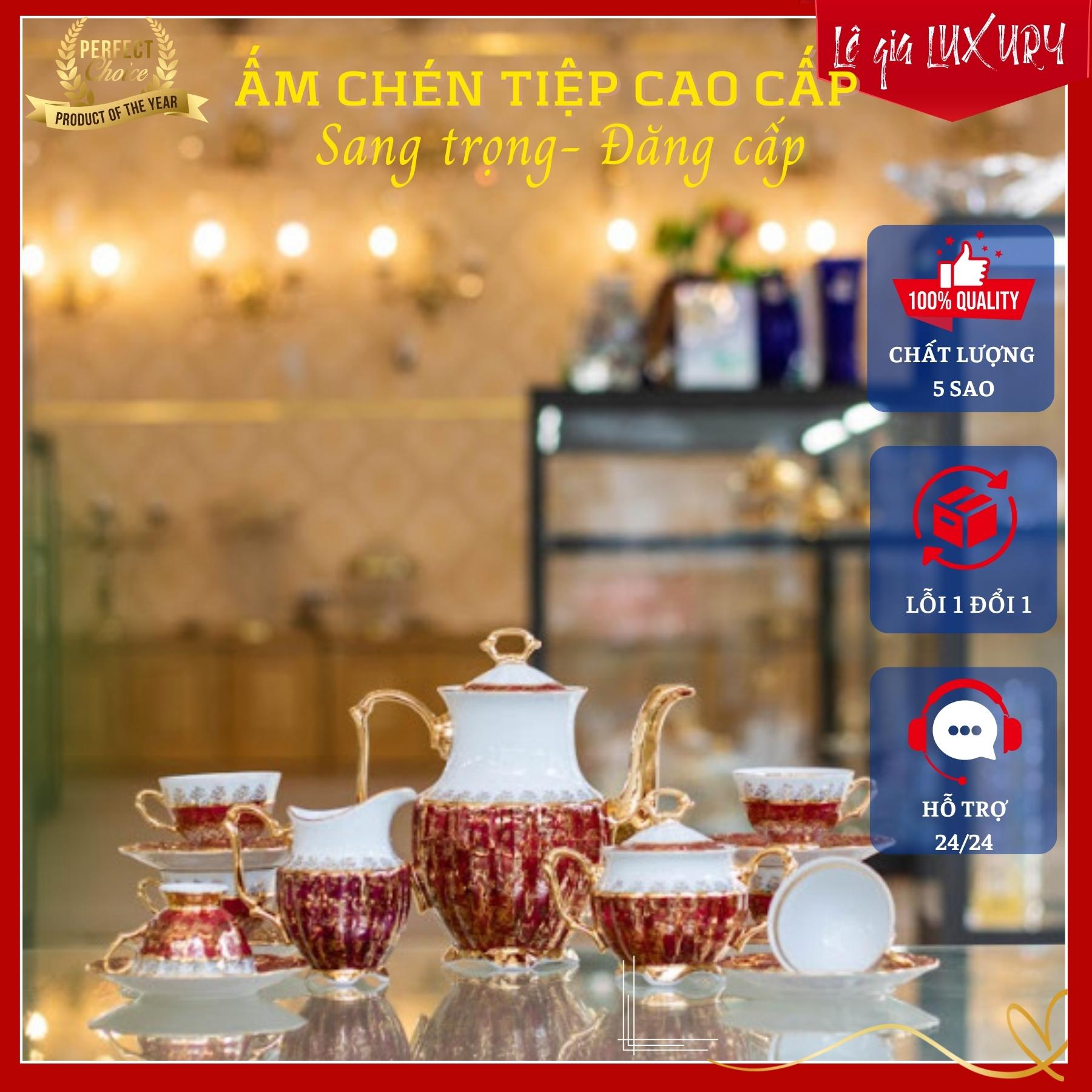Bộ ấm chén trà mạ vàng tân cổ điển cao cấp - sang trọng, gốm sứ tiệp khắc, ấm chén châu âu mạ vàng 24k cao cấp - actn8