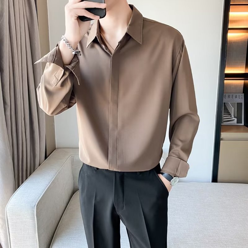 Áo sơ mi nam giấu cúc dài tay unisex, Áo sơ mi dáng suông basic trơn thời trang xuân hè 2022 dễ mặc -