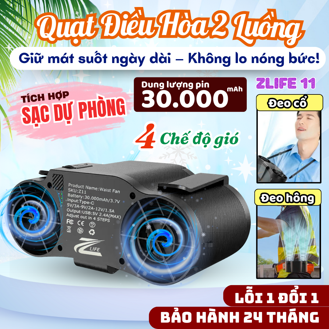 Quạt Đeo Cổ/Tầng Có Pin 30000mAh 4 Chế Độ ZLife Z11 - Thiết Kế Gấp Gọn, Bảo Hành 24 Tháng