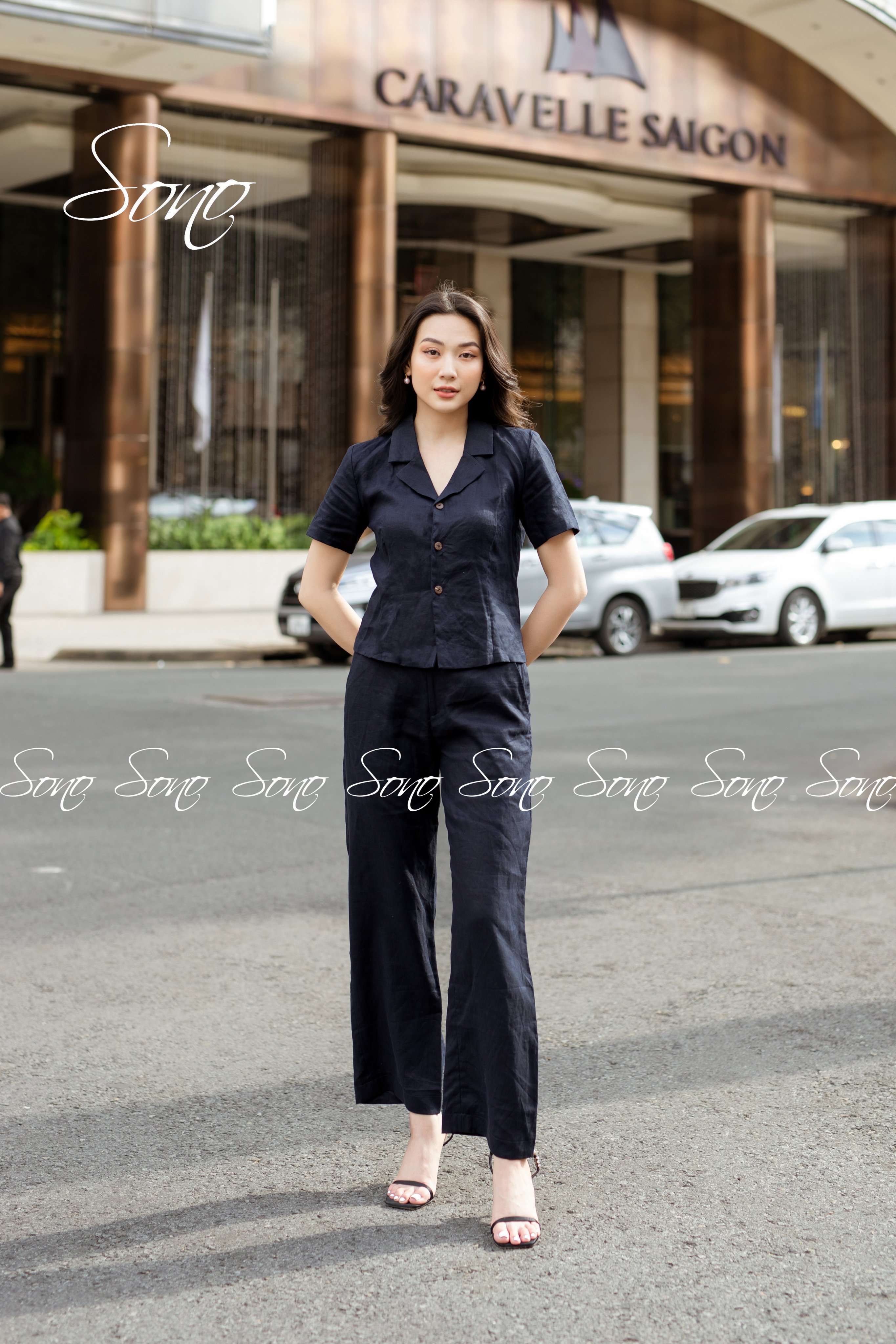 Sono - bộ linen giả vest xanh rêu và xanh navy chất liệu thoáng mát năng động trẻ trung
