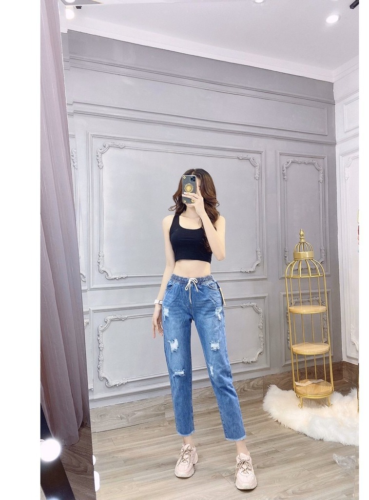 Quần baggy jean nữ lưng thun mẫu rách tua lai suông màu xanh đậm