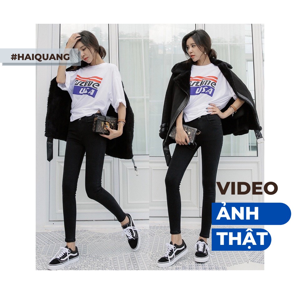 Quần jean skinny cạp cao dáng ôm haiquang siêu co dãn màu đen -mã hq014