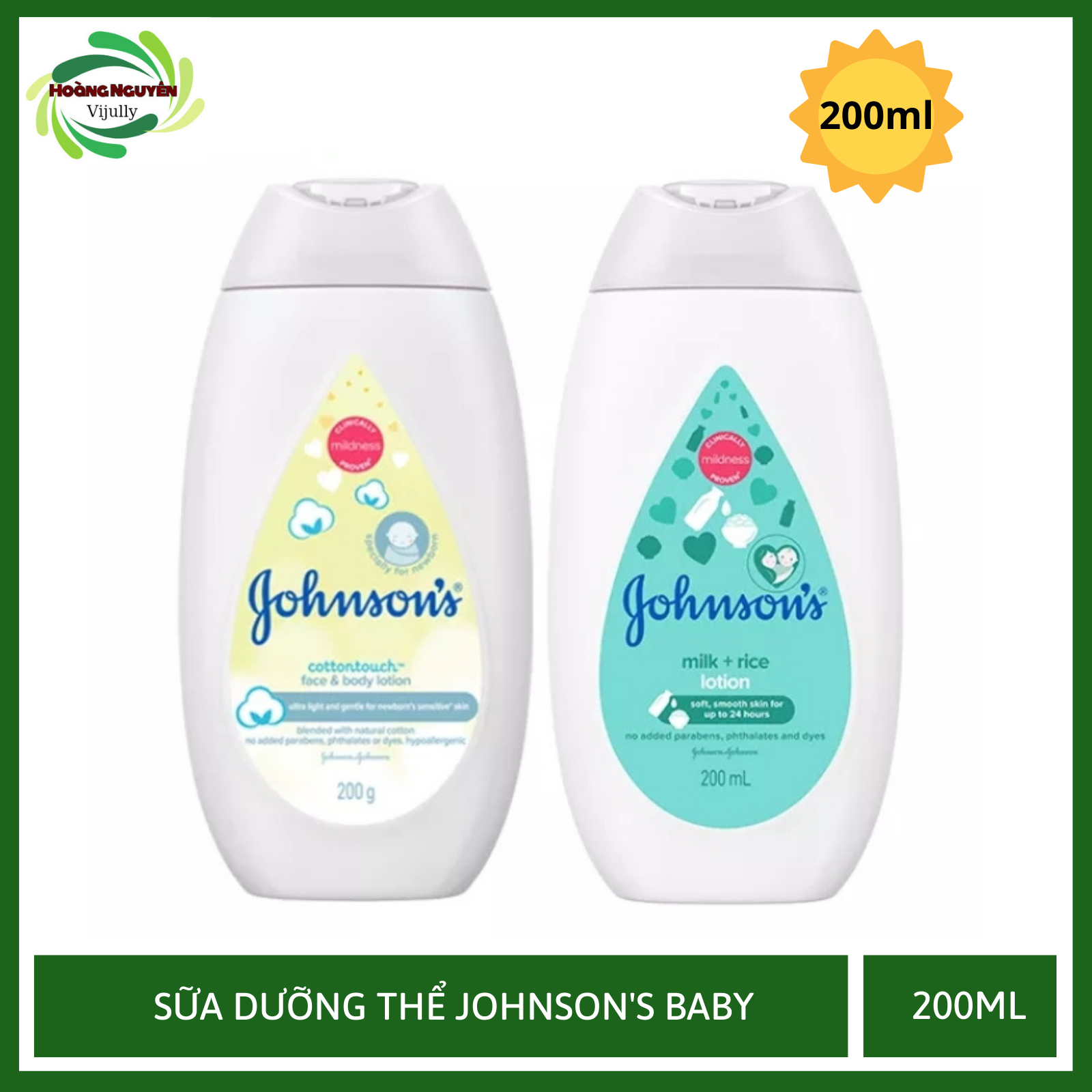 Sữa dưỡng ẩm mềm mịn Johnson's baby cotton touch 200ml & Sữa dưỡng ẩm chứa sữa và gạo Johnson's Baby Lotion Milk + Rice 200ml