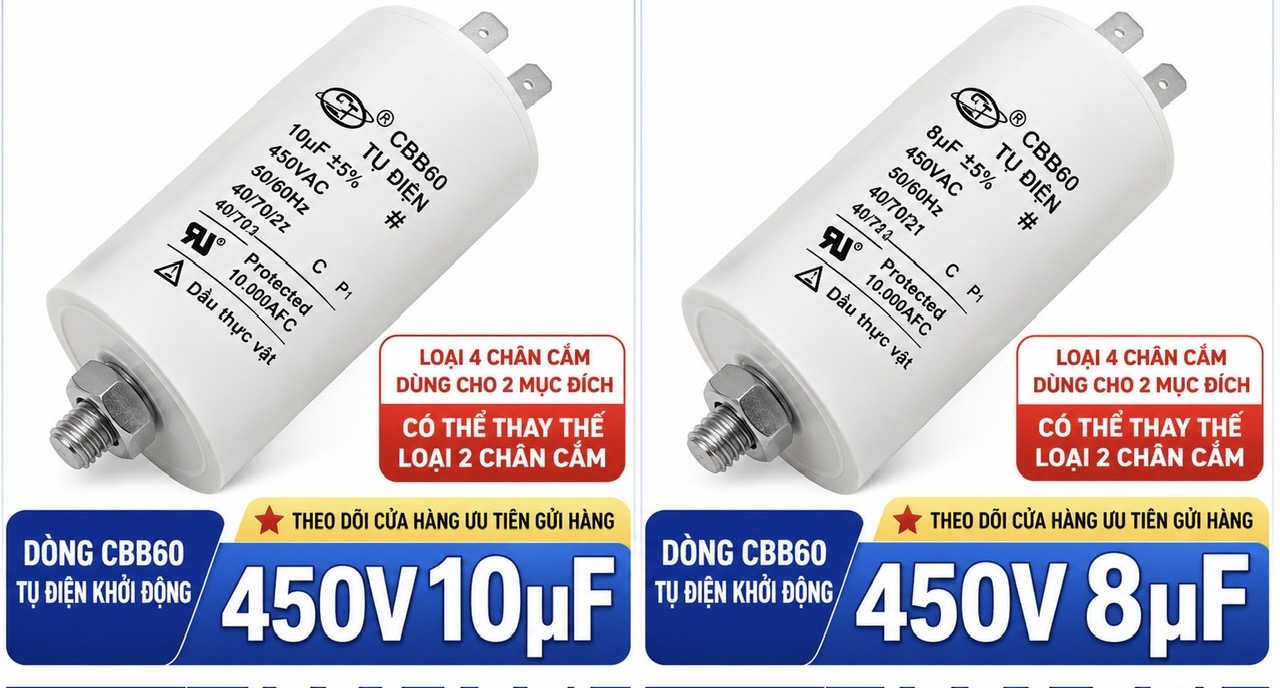 Tụ điện đề máy CBB60 450VAC - 10uF+5% (tủ lạnh, điều hoà, máy giặt, máy sấy,...)