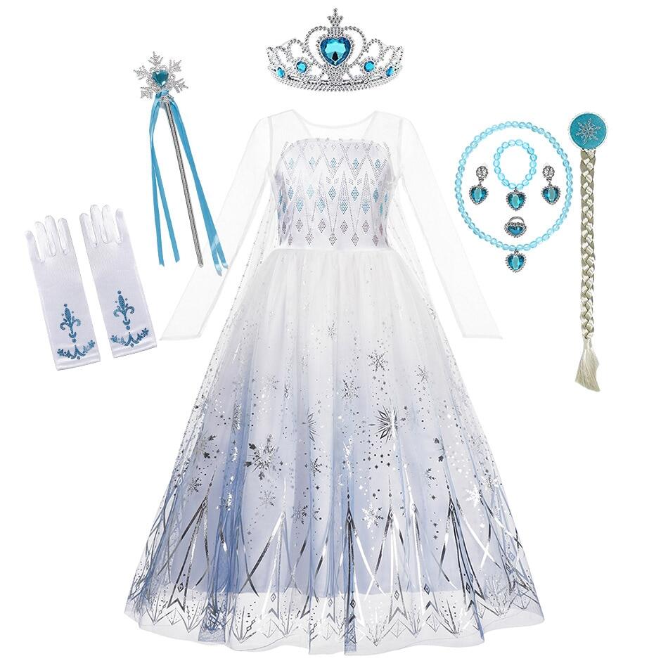 Snow Queen 2 Trang Phục Dự Tiệc Halloween Đối Với Trắng Cho Bé Gái Elsa Đầm Dài Công Chúa Giả Vờ Frocks Tay Áo Dài Bông Tuyết In Vestido