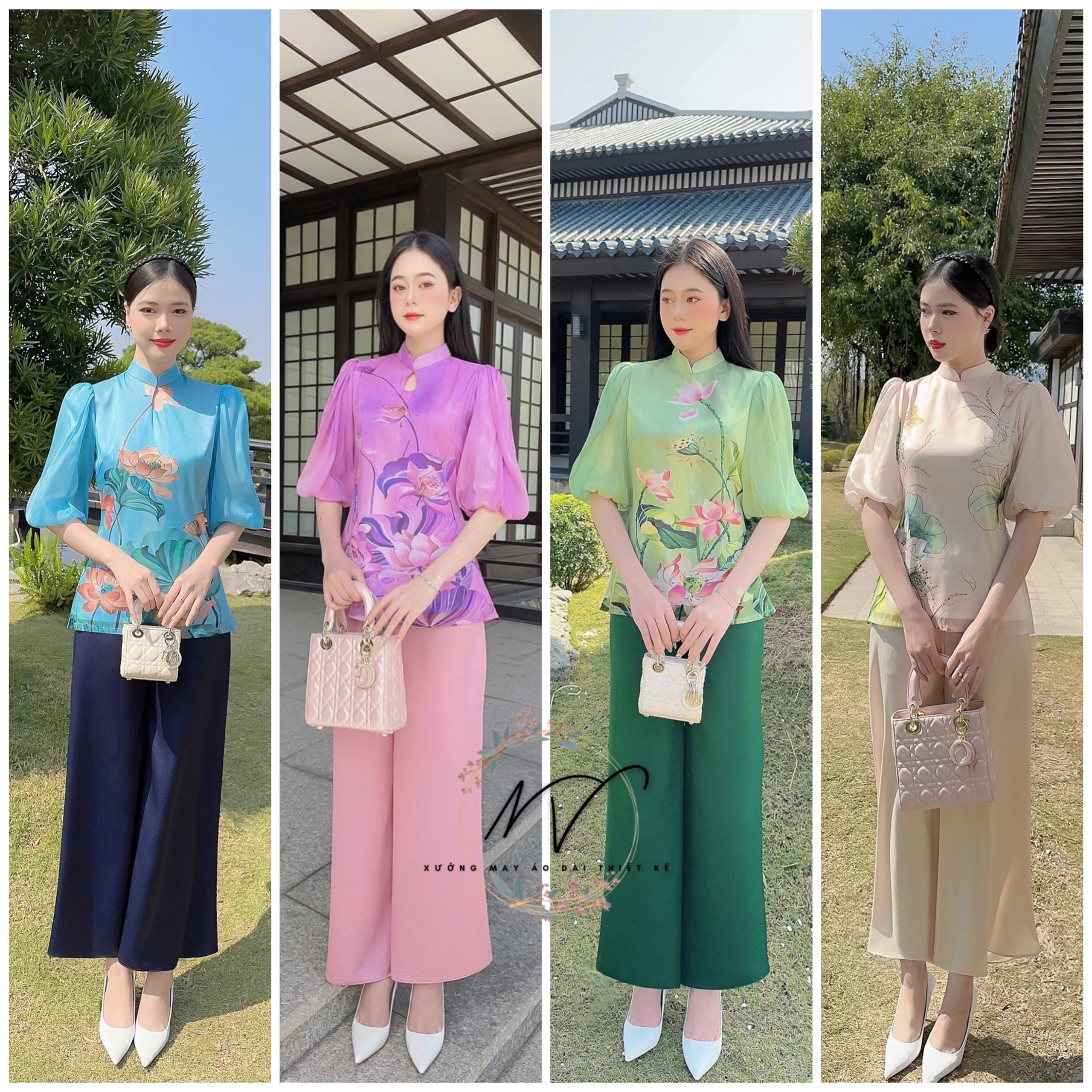 Bộ áo dài đi chùa chất liệu tơ óng mềm kết hợp quần lụa tằm ướt với tay bồng thiết kế độc đáo Nét Vi