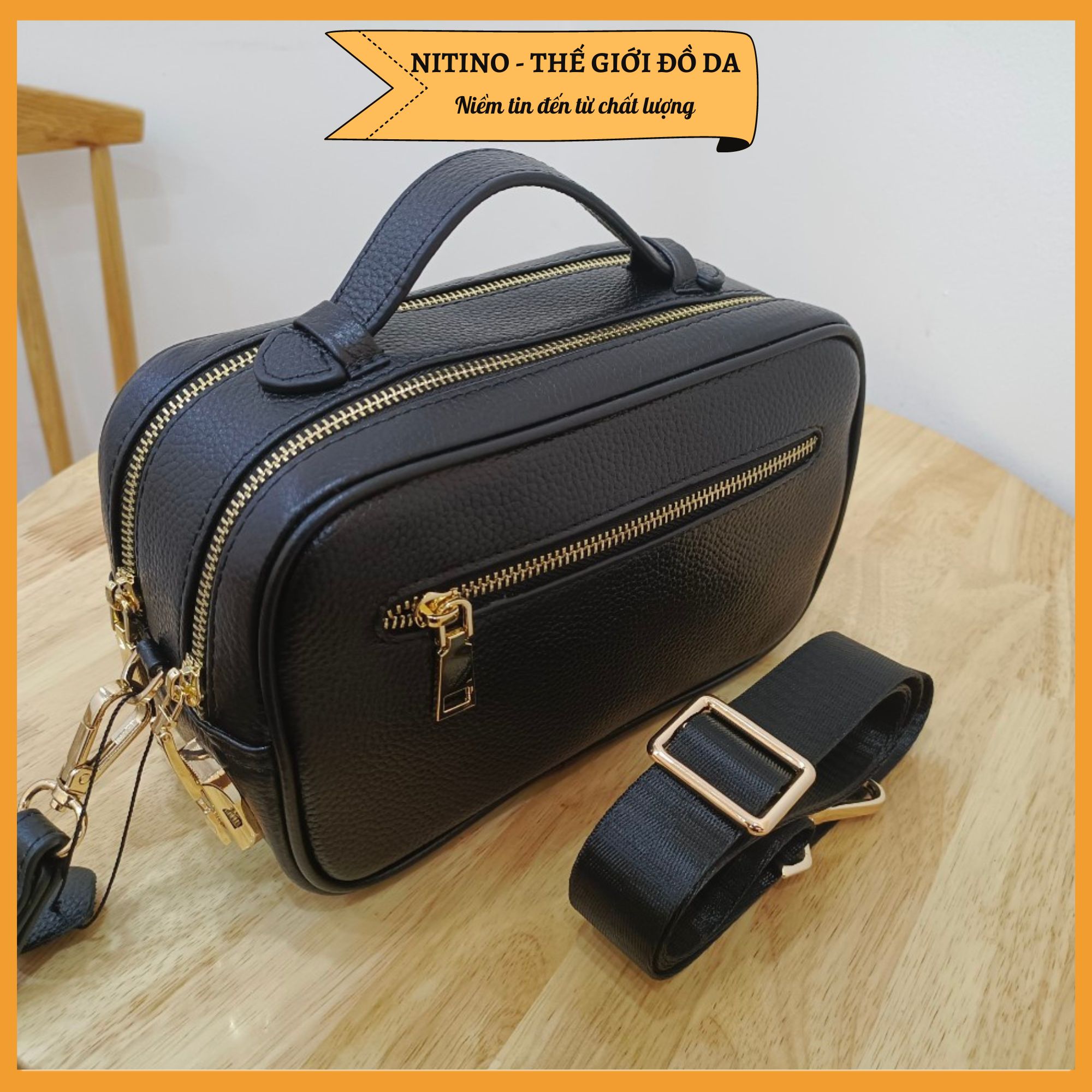 Clutch hộp nam cầm tay handmade 2 ngăn khóa kéo, có khóa số bảo mật, có dây đeo chéo chất liệu da bò thật CL11