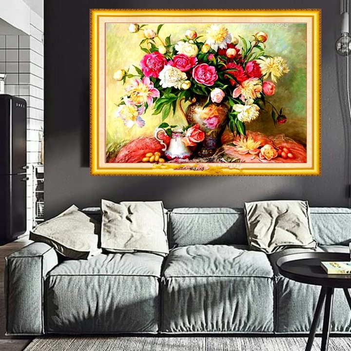 Tranh đính đá Bình hoa mẫu đơn 75x55cm